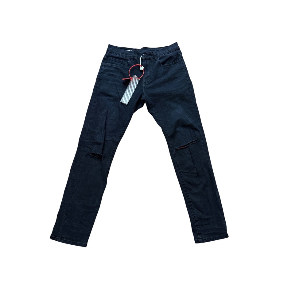 Off-White Slim Fit Black Denim Jeans Orange Checkered Patch Distressed Mens 30